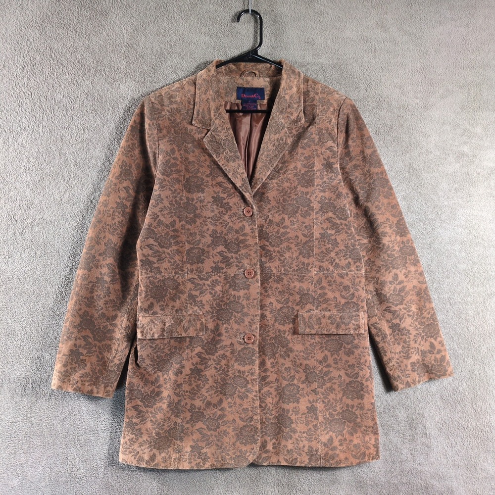 DENIM‎ & CO Floral Print Leather Blazer Jacket Women's Size M Brown Gray Western